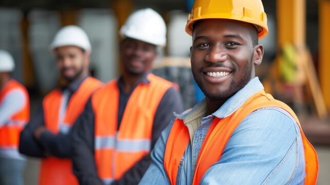 Three construction workers in safety gear stand together, smiling happily on a building site, showcasing teamwork and dedication during a bright day