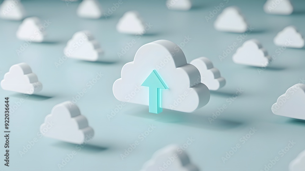 Poster cloud computing concept with 3d clouds and an arrow pointing up, symbolizing data upload and storage