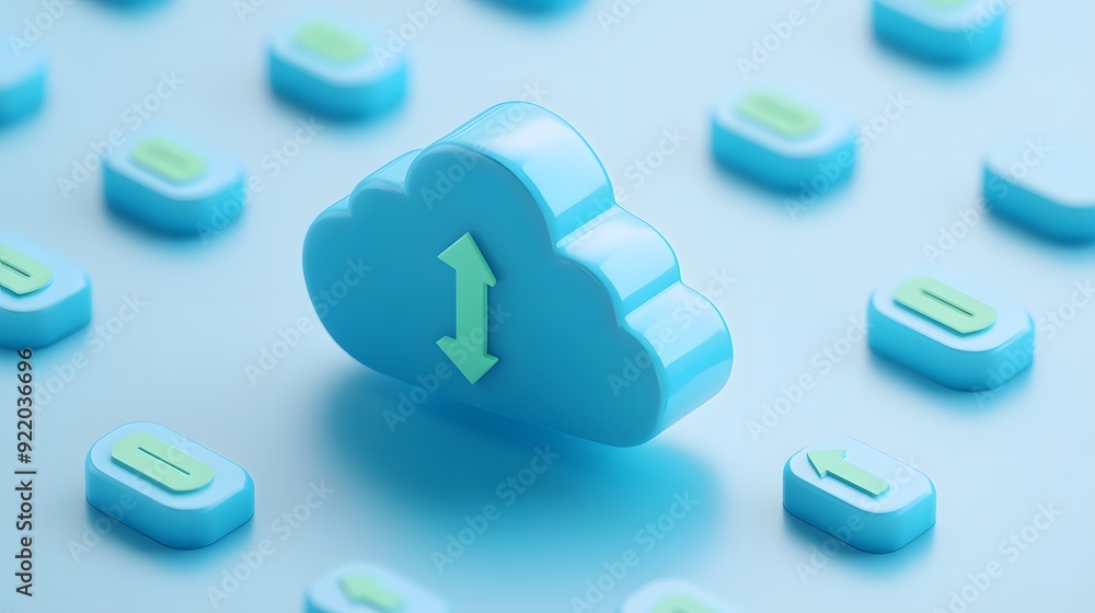 Poster cloud computing concept with a 3d blue cloud icon and arrows, representing data exchange and storage