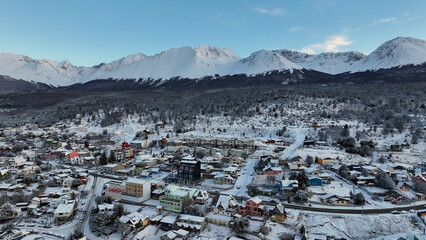 Snow Capped City At Ushuaia In Tierra Del Fuego Argentina. Snow Capped Mountain. Tourism Landmark....