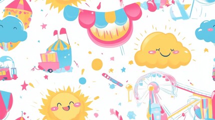 Fototapeta premium seamless pattern, Kawaii carnival scene with smiling roller coasters