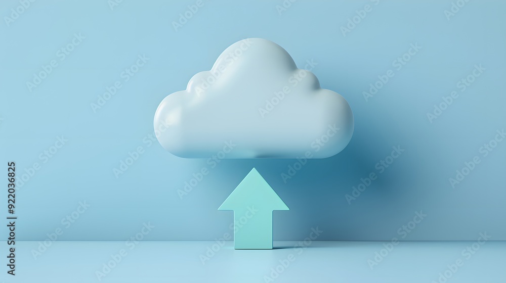 Poster cloud computing concept with a cloud icon and an upward arrow symbolizing data upload, blue backgrou