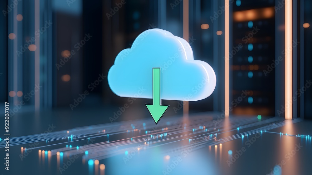 Poster cloud computing concept with a digital cloud icon and download arrow in a data center. technology an