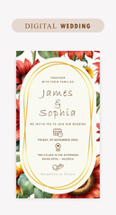 Elegant electronic wedding invitation with a beautiful red watercolor flower template