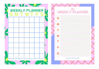 Collection of planners templates. Blank vertical notepad page. Business Organizer. Calendar daily, weekly, monthly, yearly, habit tracker, project, notes, goals. Editable vector illustration
