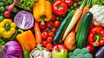 A vibrant assortment of various vegetables and fruits arranged neatly, showcasing their fresh colors and textures in natural lighting