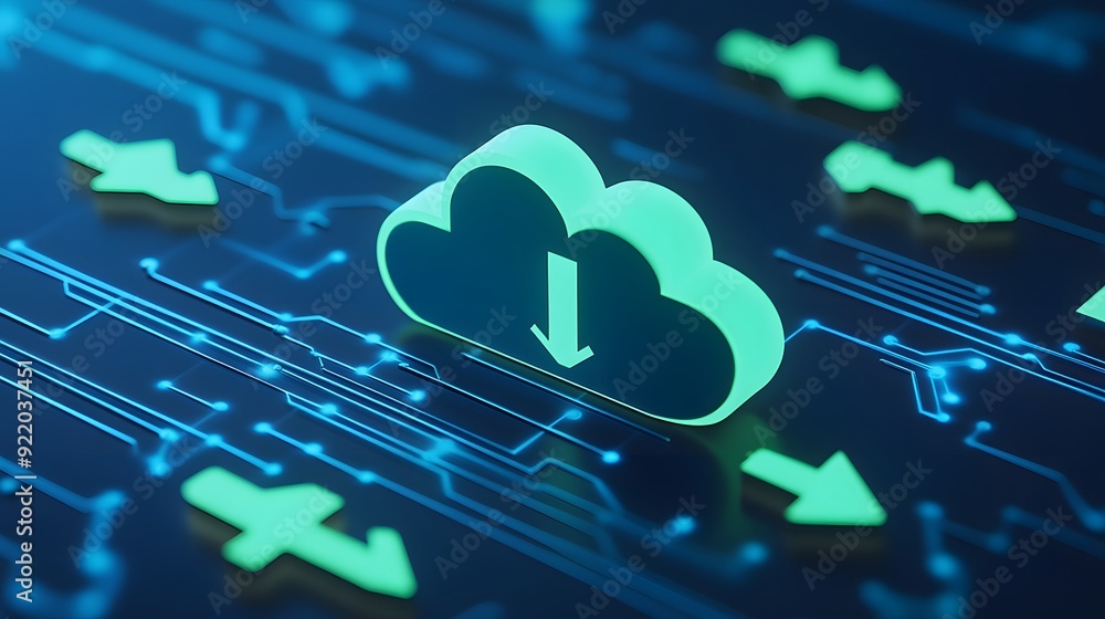 Poster cloud computing concept with a glowing cloud icon and downward arrows representing data storage and 