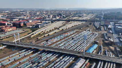 Obraz premium Mandela Bridge At Johannesburg In Gauteng South Africa. Downtown Cityscape. Business District Background. Johannesburg At Gauteng South Africa. High Rise Buildings. City Landmark.