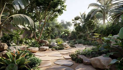 Fototapeta premium Luxury hotel garden with swimming pool and palm trees at sunset