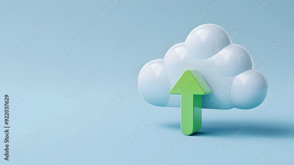 Poster cloud computing concept with a green arrow pointing up into a cloud on a blue background, symbolizin
