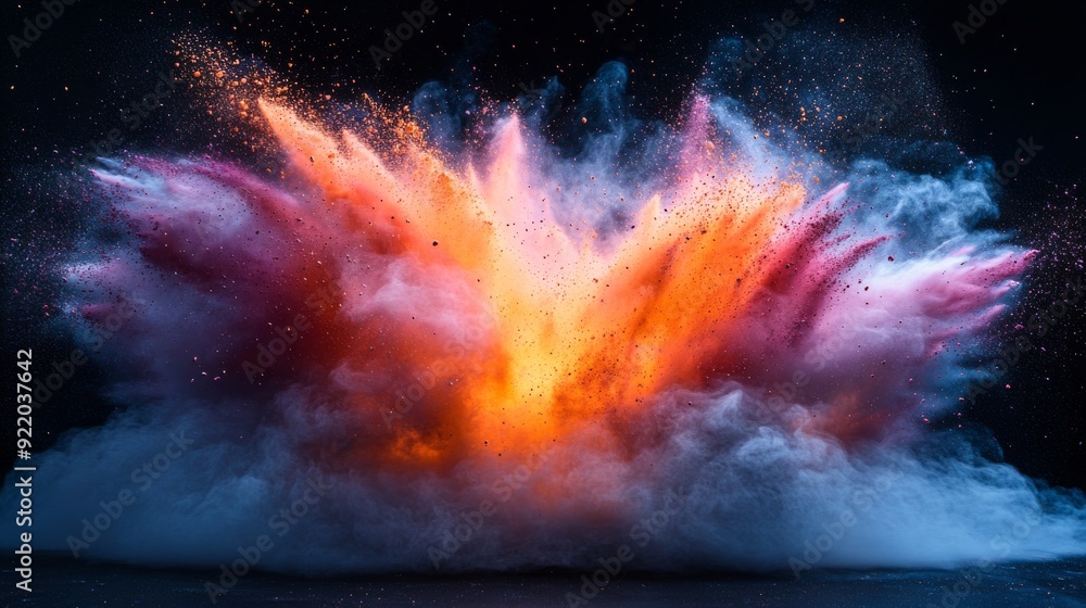 Poster colorful powder exploding creating abstract cloud formation on black background