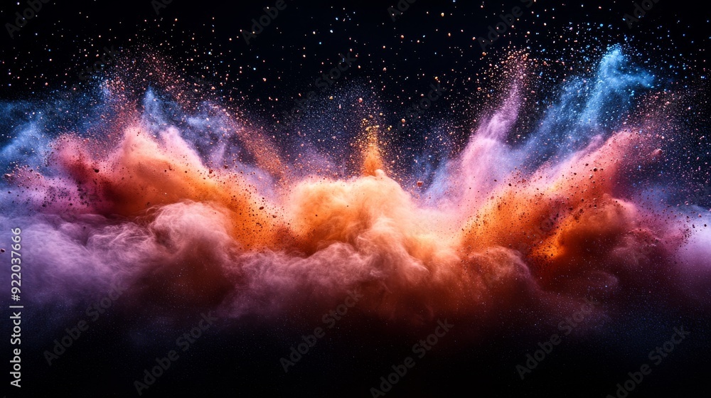 Poster colorful powder exploding creating abstract shapes on black background