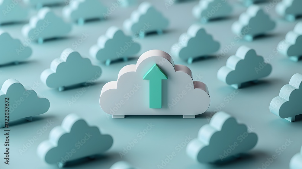 Poster cloud computing concept with a standout cloud icon and upload arrow. perfect for illustrating data s