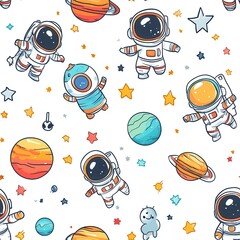 seamless pattern, Adorable kawaii astronauts exploring alien landscapes with smiling planets and sparkling stars