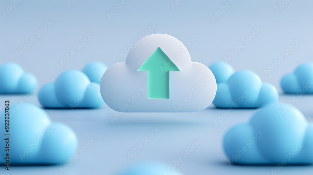 Poster cloud computing concept with an arrow pointing up, symbolizing data upload and storage in a virtual 