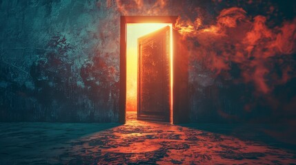 A glowing door opens to a fiery, mysterious space, evoking curiosity and intrigue.