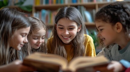 Obraz premium Four smiling children reading a book together in a cozy library, showcasing joy and curiosity ideal for educational content, literacy promotion, and family-oriented advertisements,