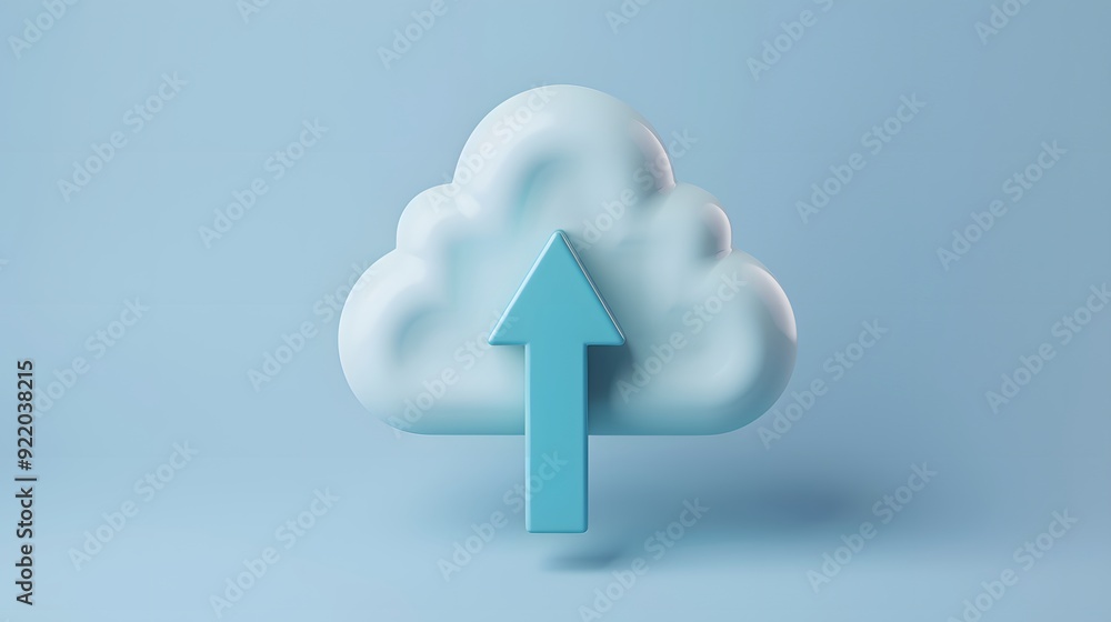 Poster cloud computing concept with an upward arrow, symbolizing data upload and online storage against a b