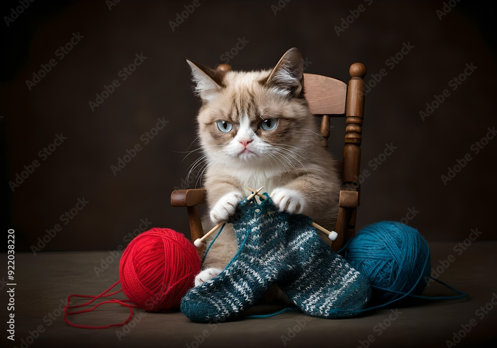 Wall mural fantasy cartoon image of a cute kitten in a rocking chair knitting a sock. colourful balls of wool, 