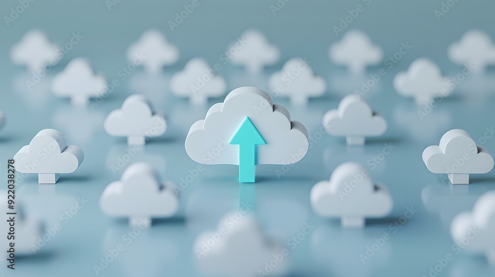 Poster cloud computing concept with an upward arrow symbol in a sea of clouds, representing data uploading 