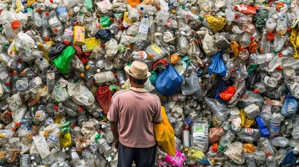 Fototapeta premium A man stands in front of an enormous collection of plastic bottles at a recycling center, reflecting on waste management practices and environmental challenges