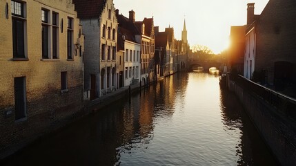 Fototapeta premium 68. **Picturesque canals and historic buildings in Bruges during golden hour