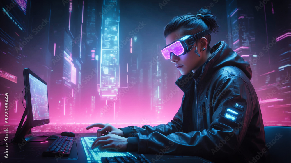 Poster a cyberpunk hacker in a virtual reality setting
