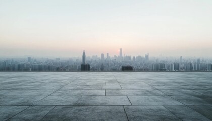City skyline view at dawn from a rooftop terrace overlooking skyscrapers and a clear horizon