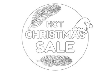 Festive Christmas coloring page featuring a Santa hat, pine branches, and sale text. Perfect for holiday crafts and activities.