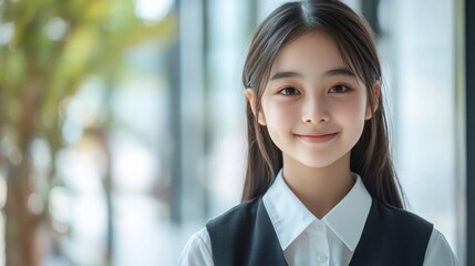 A Japanese woman in a white shirt and black vest, smiling warmly at the camera, set against a white background with ample white space above her.
