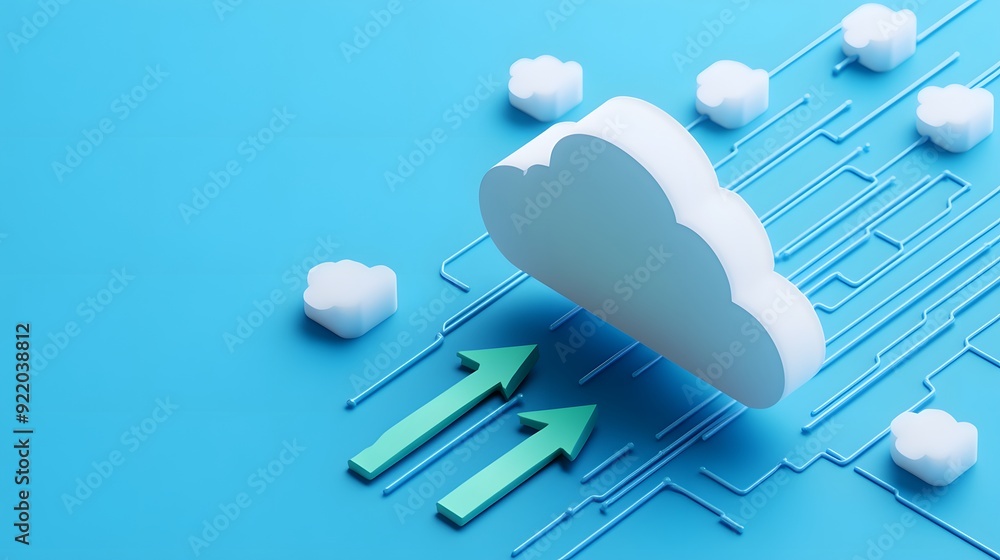 Poster cloud computing concept with arrows pointing towards a large cloud symbol on a blue background, repr