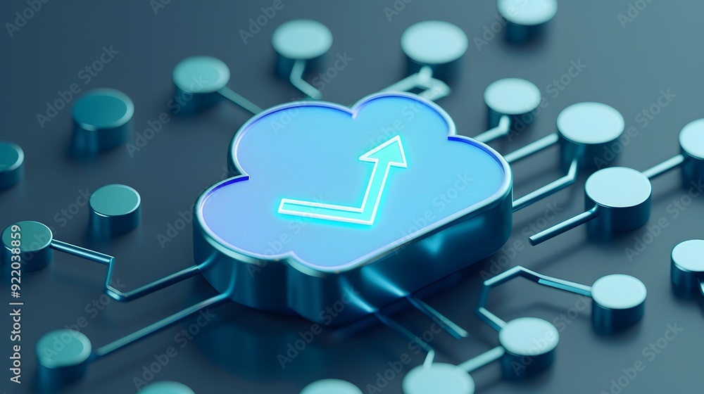 Poster cloud computing concept with blue cloud icon and upward arrow showing data growth and connectivity, 