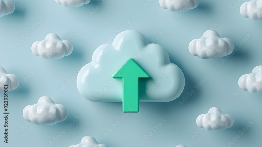 Poster cloud computing concept with clouds and a green upward arrow representing data upload or online back