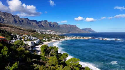 Obraz premium Camps Bay Beach At Cape Town In Western Cape South Africa. Table Mountain Landmark. Downtown Buildings. Cape Town At Western Cape South Africa. Tourism Travel. Coast City Skyline.