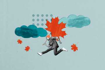 Composite photo collage of crazy man run big maple leaf autumn fall season atmosphere fly foliage...