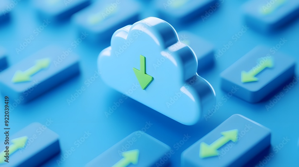Poster cloud computing concept with download and upload arrows against blue background representing data st