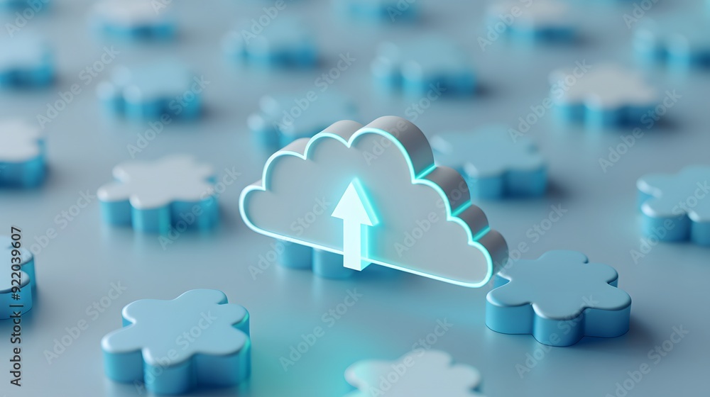 Poster cloud computing concept with glowing cloud icon and upload arrow amongst scattered puzzle pieces, sy