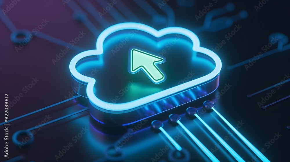 Poster cloud computing concept with glowing cloud icon and circuit board, representing data storage, virtua