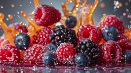 Fresh berries splashing in vibrant juice on a dark background