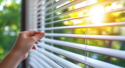 Hand opening white blinds on window with sunlight and green trees in the background, close up view of a woman's hand opening the wooden shades for home interior 
