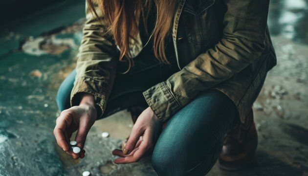 Young person kneeling on the ground while holding pills in a dimly lit, abandoned location