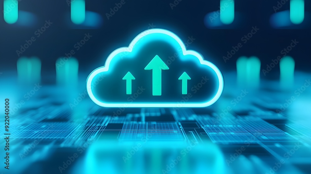 Poster cloud computing concept with illuminated cloud and upload arrows symbolizing data transfer and digit