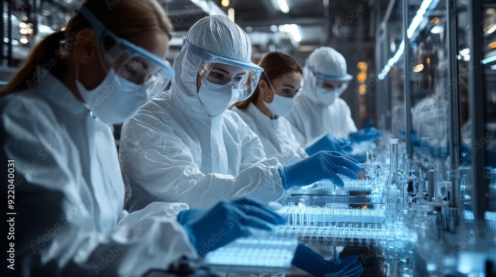 Poster four scientists in white lab coats and gloves working on a project
