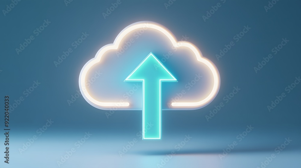 Poster Cloud computing concept with neon glowing cloud and arrow symbolizing data upload. Modern technology and internet services illustration.