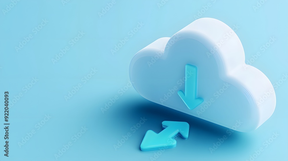 Poster cloud computing concept with upload and download arrows in a soft blue background. data storage and 