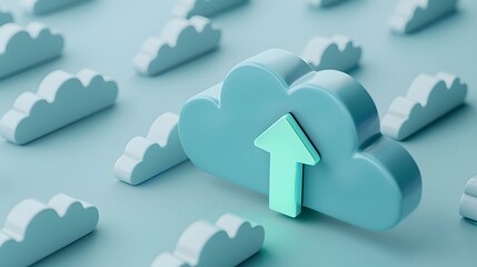 Fototapeta premium Cloud computing concept with teal cloud icons and upward arrow symbol, depicting data upload and technology. Modern teal design background.