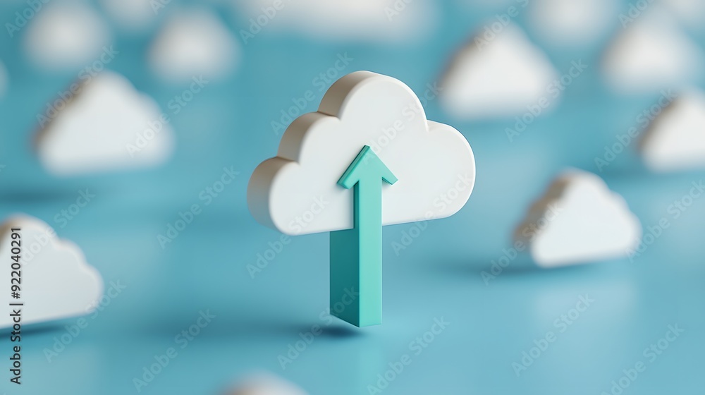 Poster cloud computing concept with white clouds and an upward arrow on blue background. ideal for technolo