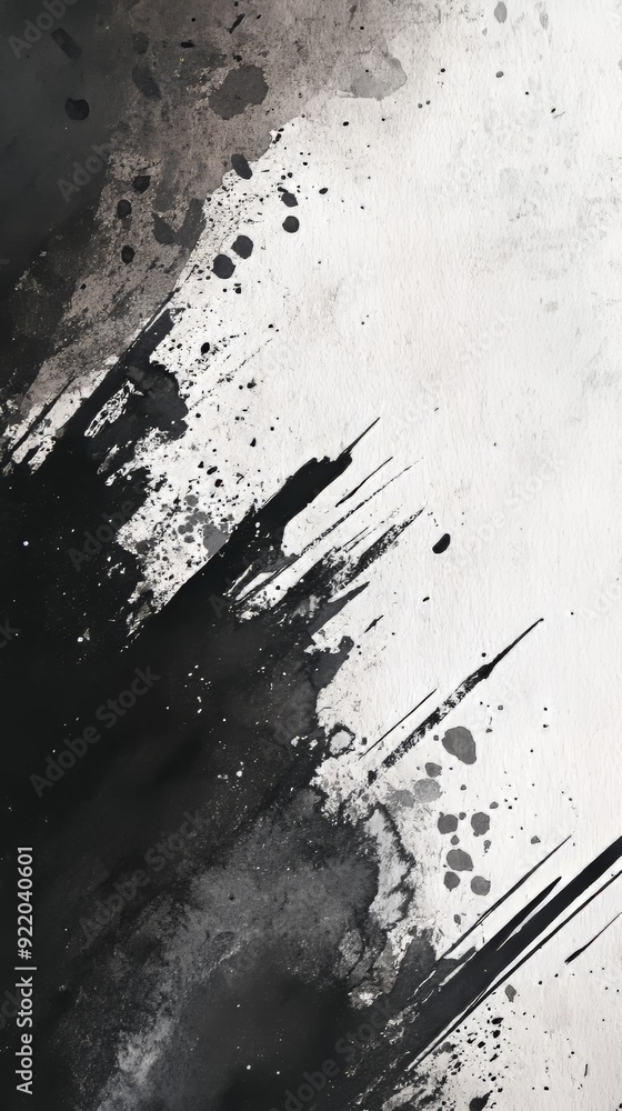 Poster black paint splashing on white canvas creating abstract shapes