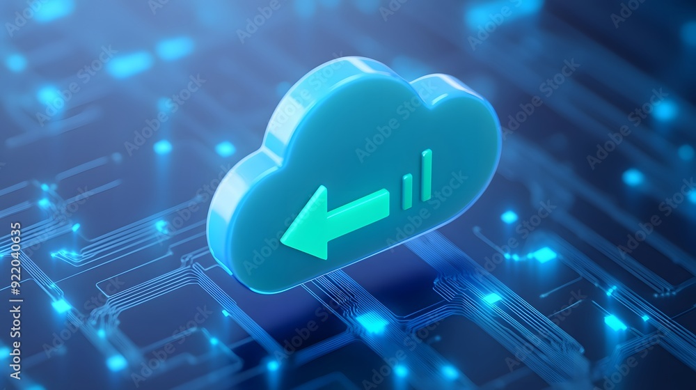 Poster cloud computing icon with turquoise arrow on digital background, representing data storage and onlin