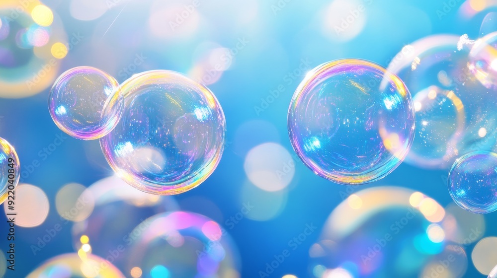 Poster many soap bubbles floating on a blue background with bokeh